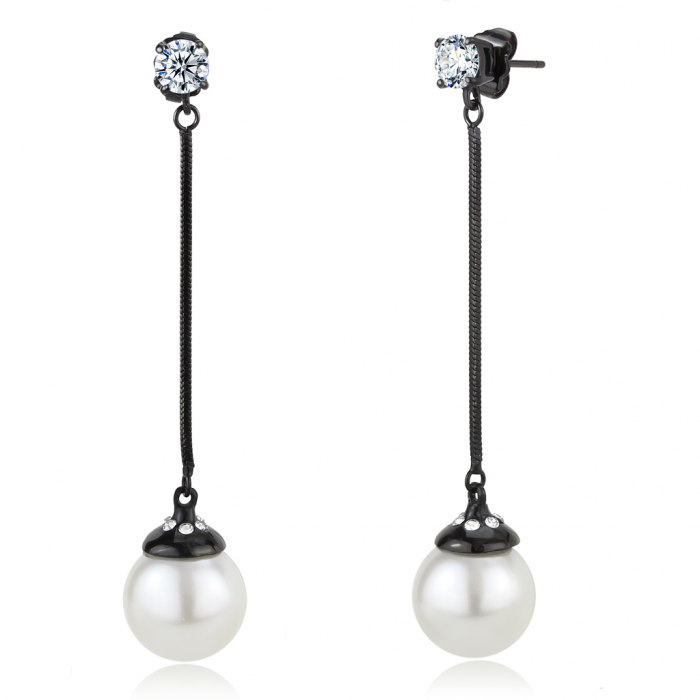 Black(Ion Plating) Stainless Steel Earrings with Synthetic Pearl in White