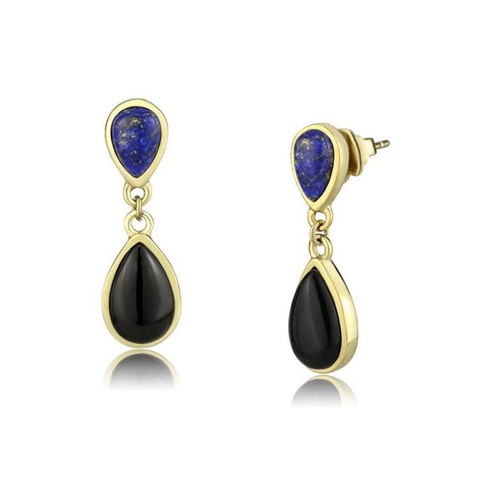 Gold(Ion Plating) Stainless Steel Earrings with Semi-Precious Onyx in Jet